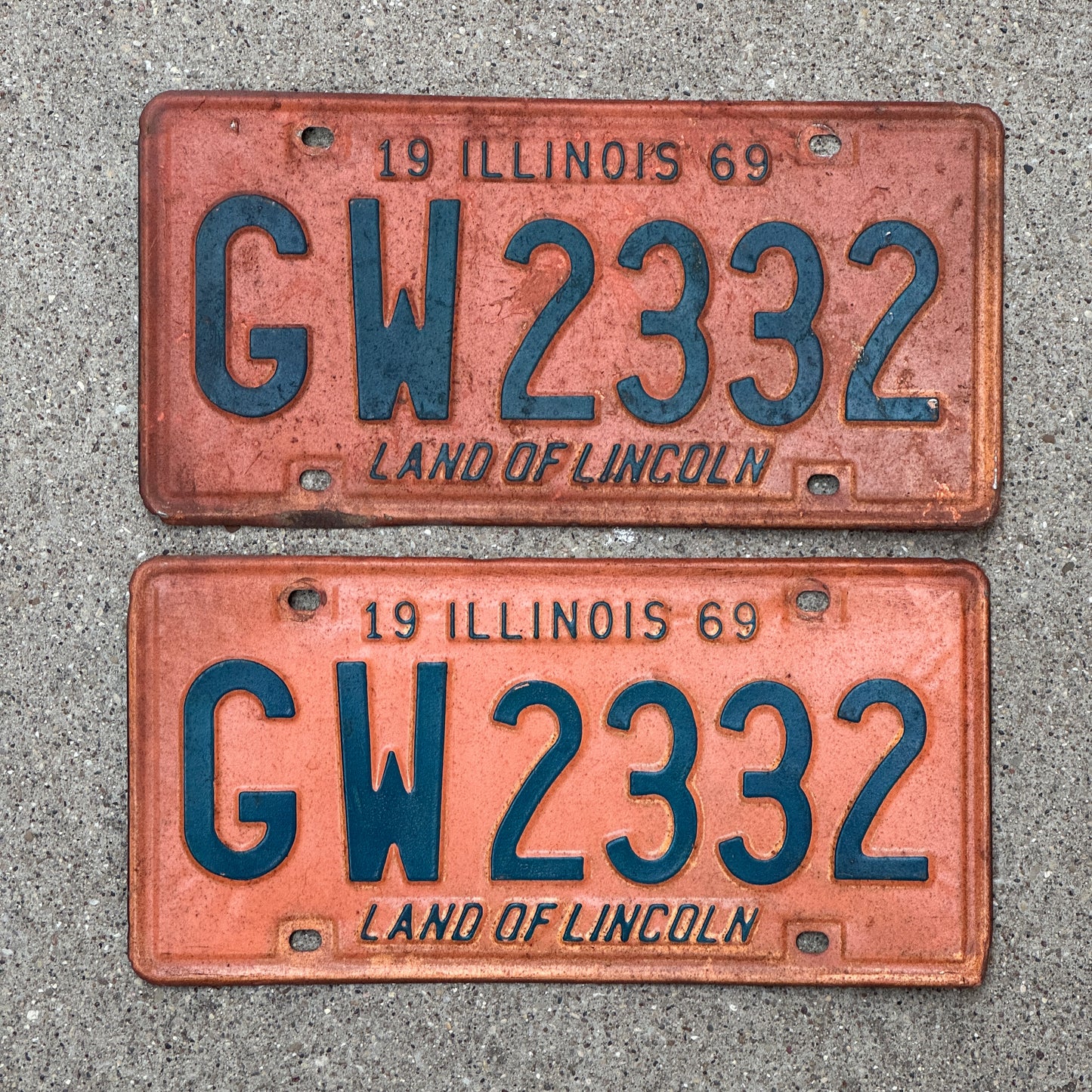 Photo of a 1969 Illinois License Plate Pair Auto Tag Garage Decor Vintage GW 2332 with original patina