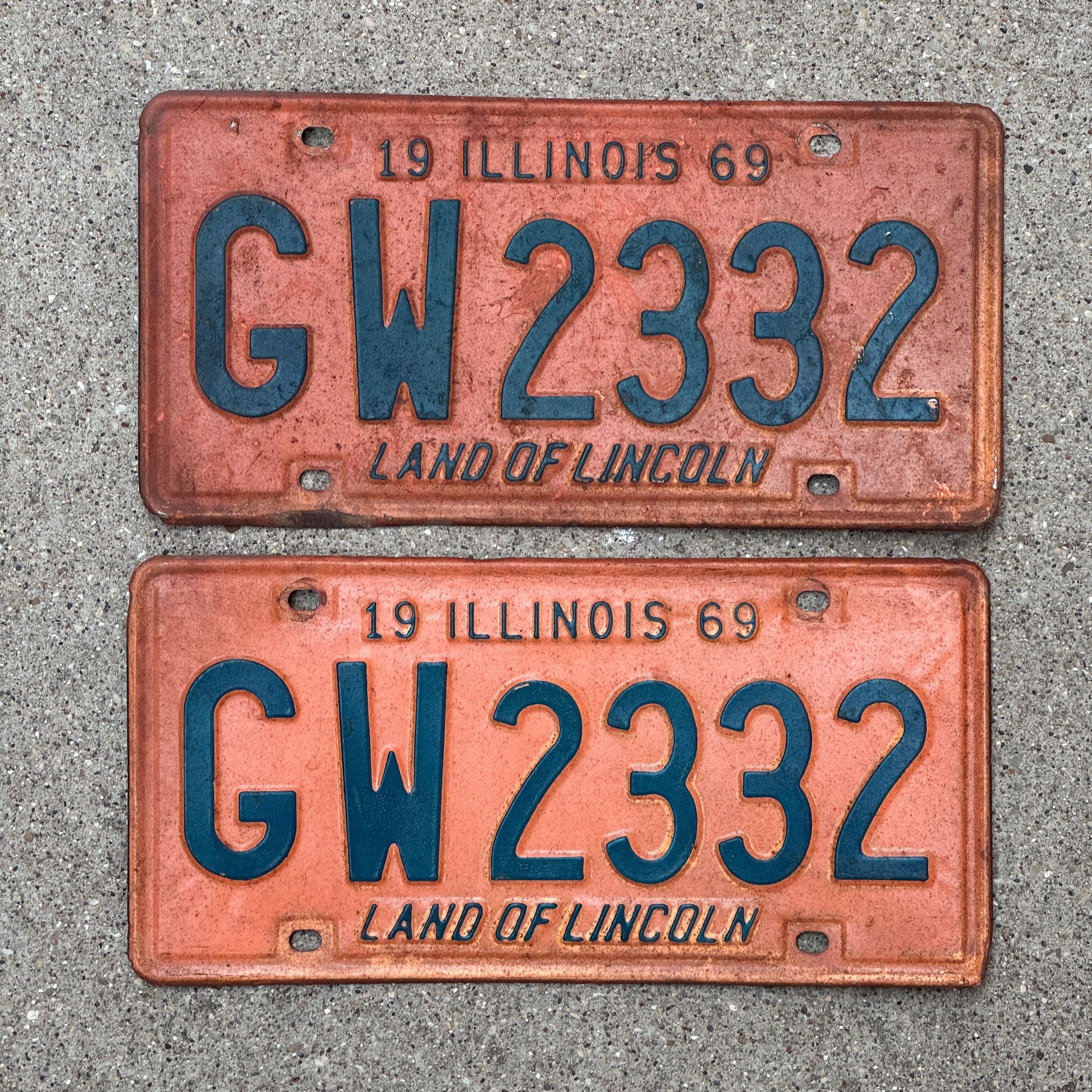 Photo of a 1969 Illinois License Plate Pair Auto Tag Garage Decor Vintage GW 2332 with original patina