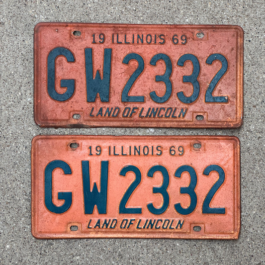 Photo of a 1969 Illinois License Plate Pair Auto Tag Garage Decor Vintage GW 2332 with original patina