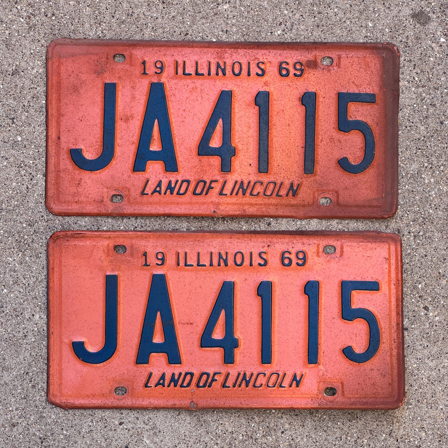 Photo of a 1969 Illinois License Plate Pair Auto Tag Garage Decor Vintage JA 4115 with original patina
