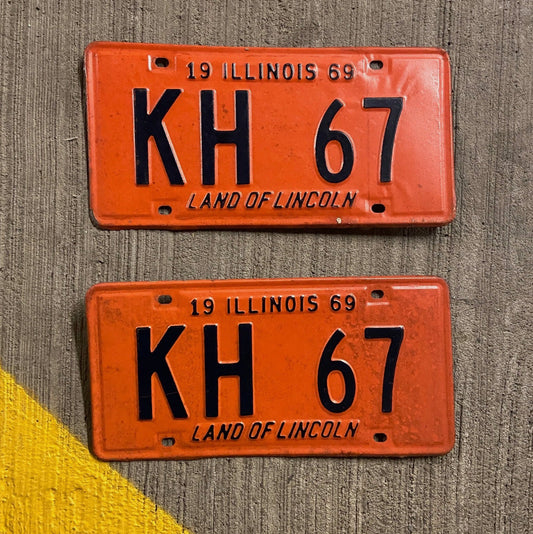 Photo of a 1969 Illinois License Plate Pair Auto Tag Garage Decor Vintage KH 67 with original patina