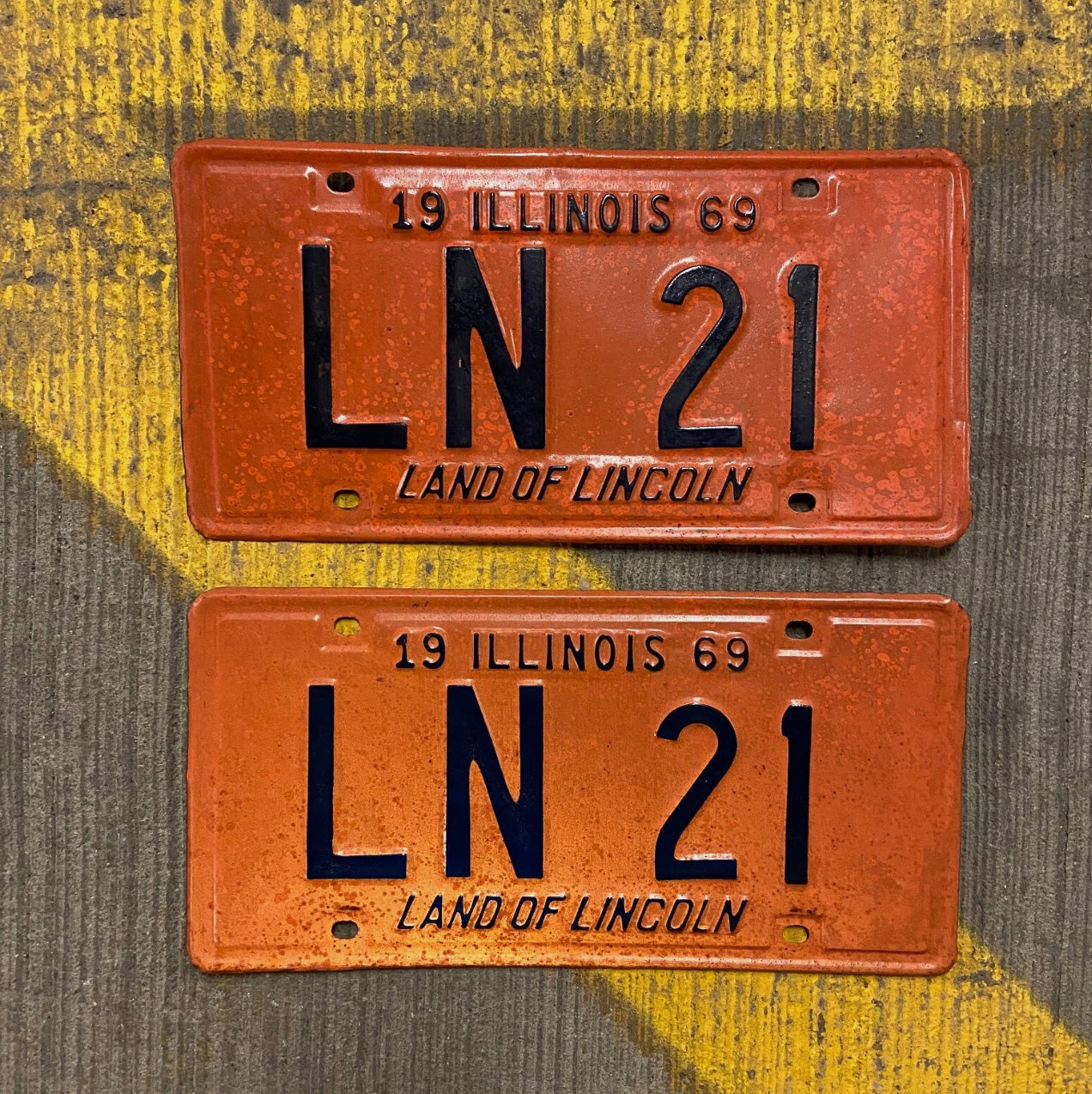 Photo of a 1969 Illinois License Plate Pair Auto Tag Garage Decor Vintage LN 21 with original patina