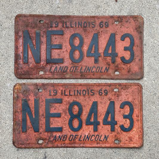 Photo of a 1969 Illinois License Plate Pair Auto Tag Garage Decor Vintage NE 8443 with original patina