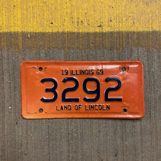 Photo of a 1969 Illinois Motorcycle License Plate Auto Tag Garage Decor Vintage Low Number Four Digit 420 Weed 3292 with original patina