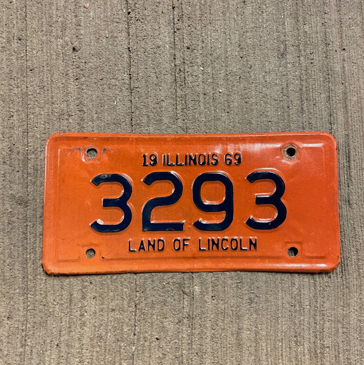 Photo of a 1969 Illinois Motorcycle License Plate Auto Tag Garage Decor Vintage Low Number Four Digit 420 Weed 3293 with original patina