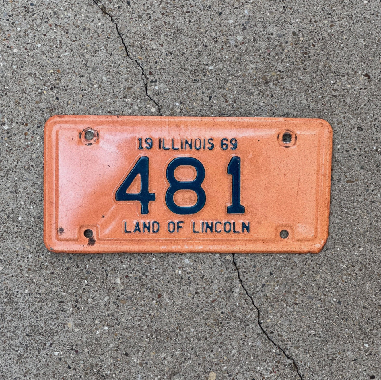 Photo of a 1969 Illinois Motorcycle License Plate Auto Tag Garage Decor Vintage Low Number Three Digit 481 with original patina