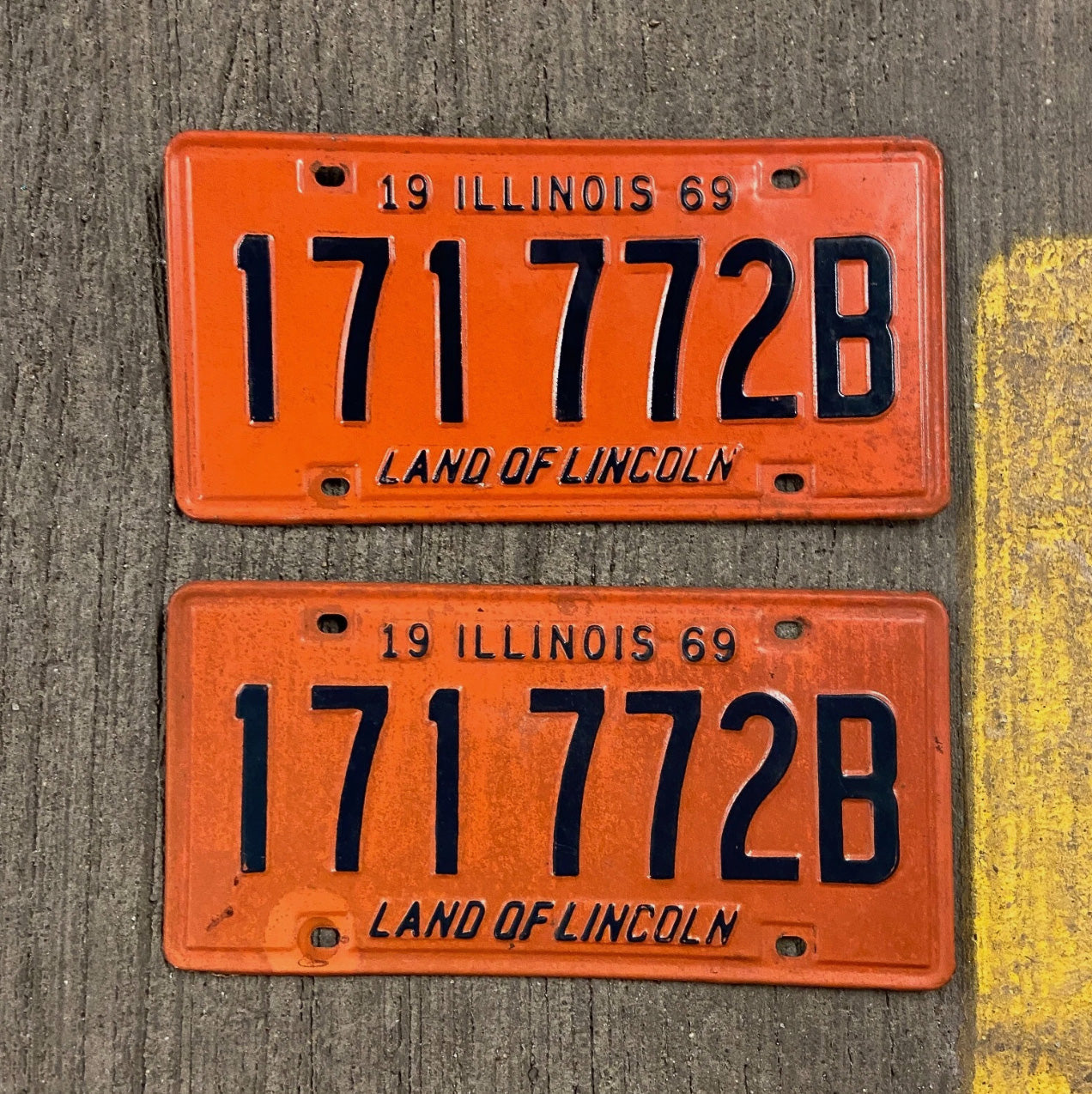 Photo of a 1969 Illinois Truck License Plate Pair Auto Tag Garage Decor Vintage 171 772 B with original patina