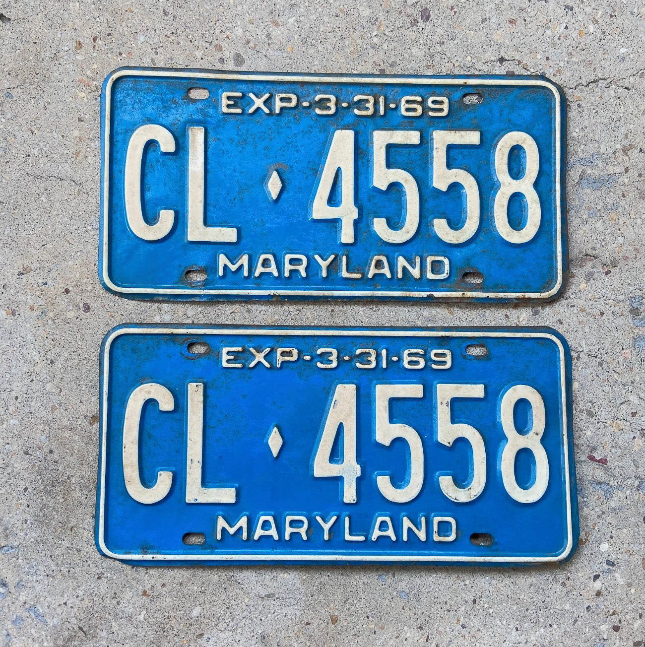 Photo of a 1969 Maryland License Plate Pair Auto Tag Garage Decor Vintage CL 4558 with original patina