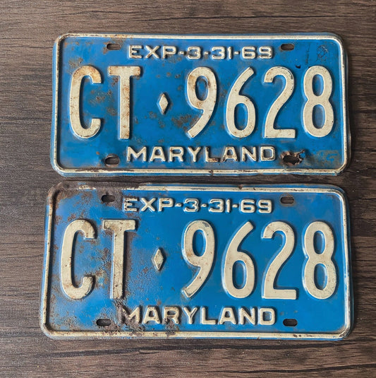 Photo of a 1969 Maryland License Plate Pair Auto Tag Garage Decor Vintage CT 9628 with original patina