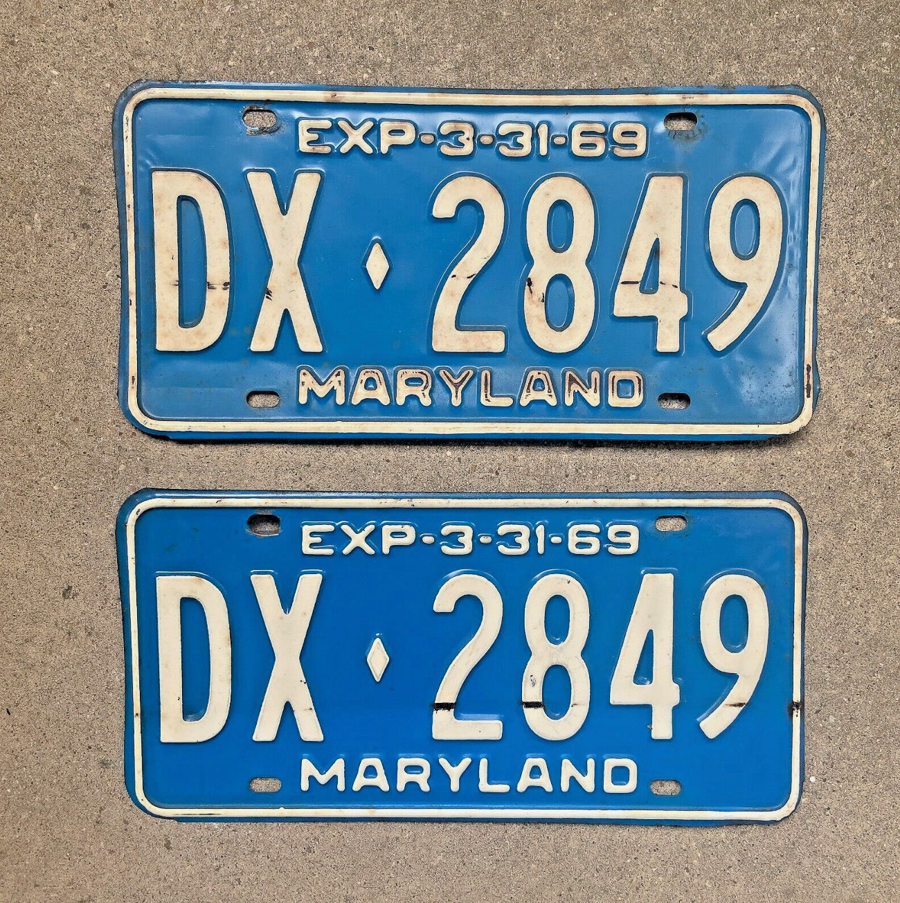Photo of a 1969 Maryland License Plate Pair Auto Tag Garage Decor Vintage DX 2849 with original patina