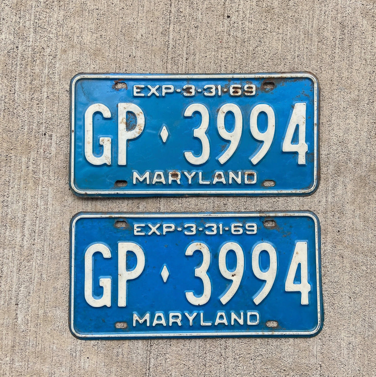 1969 Maryland License Plate Pair Auto Tag GP 3994