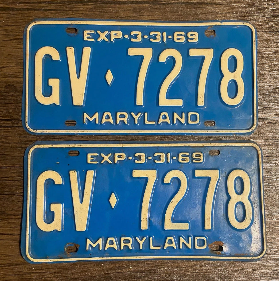 Photo of a 1969 Maryland License Plate Pair Auto Tag Garage Decor Vintage GV 7278 with original patina