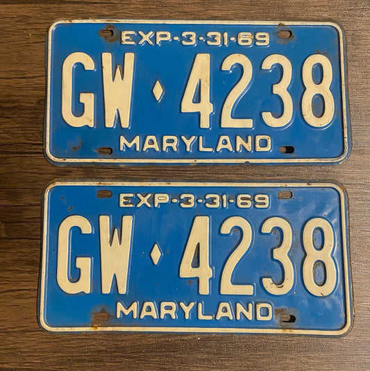 Photo of a 1969 Maryland License Plate Pair Auto Tag Garage Decor Vintage GW 4238 with original patina