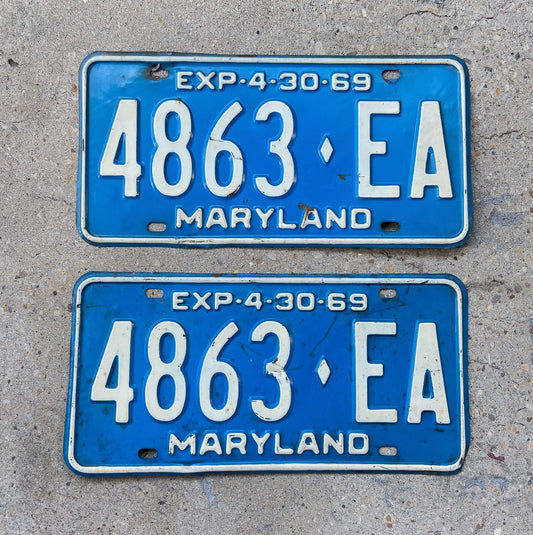 Photo of a 1969 Maryland Truck License Plate Pair Auto Tag Garage Decor Vintage 4863 EA with original patina