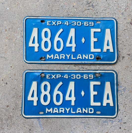 Photo of a 1969 Maryland Truck License Plate Pair Auto Tag Garage Decor Vintage 4864 EA with original patina