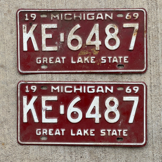 Photo of a 1969 Michigan License Plate Pair Auto Tag Garage Decor Vintage KE 6487