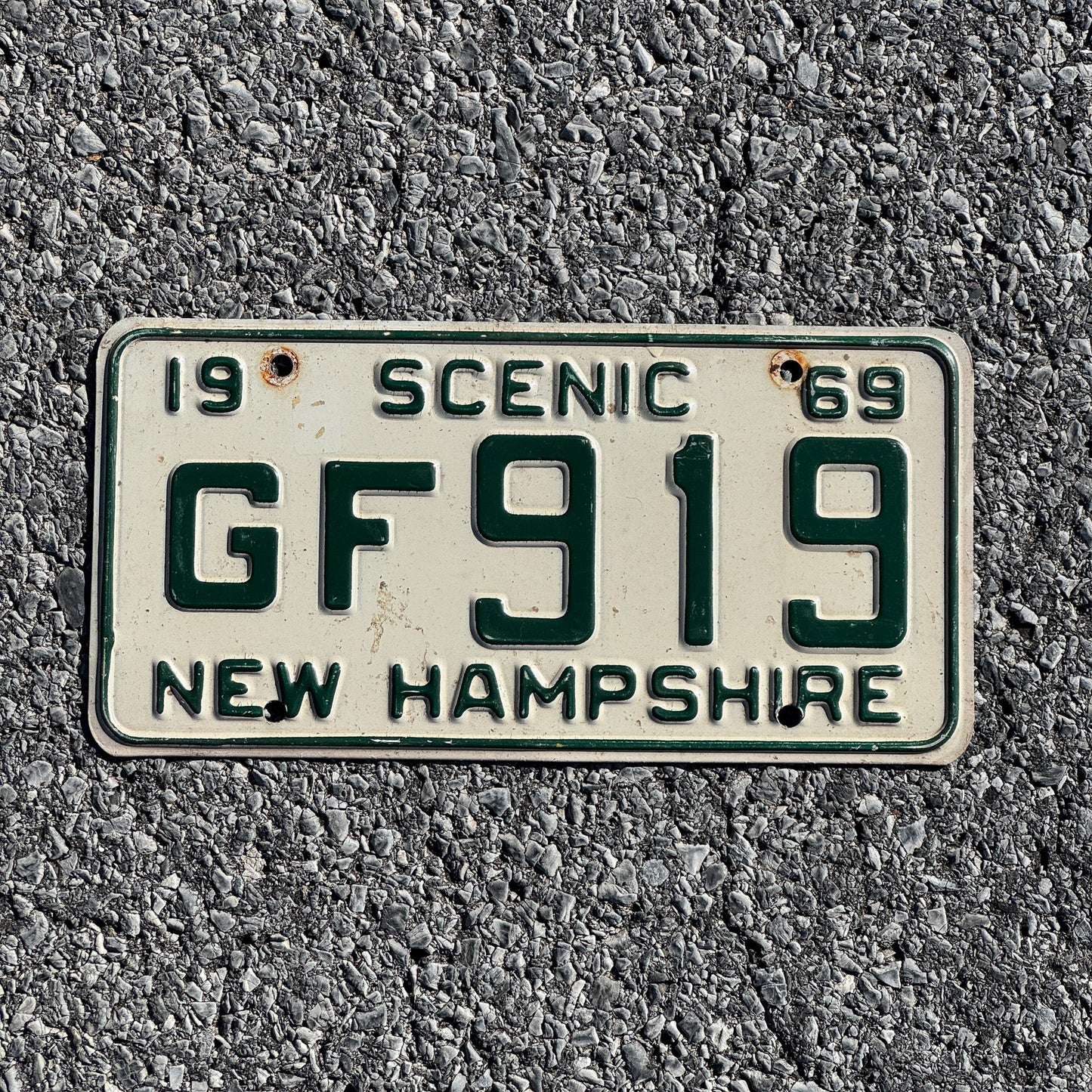 Photo of a 1969 New Hampshire License Plate Auto Tag Garage Decor Vintage GF 919