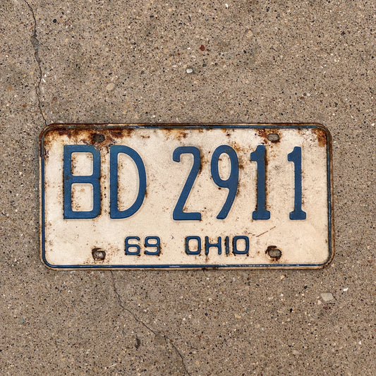 Photo of a 1969 Ohio License Plate Auto Tag 1 Vintage Garage BD 2911 with original patina