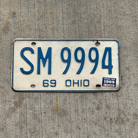 Photo of a 1969 Ohio License Plate Auto Tag Garage Decor Vintage Repeat Repeating SM 9994 with original patina