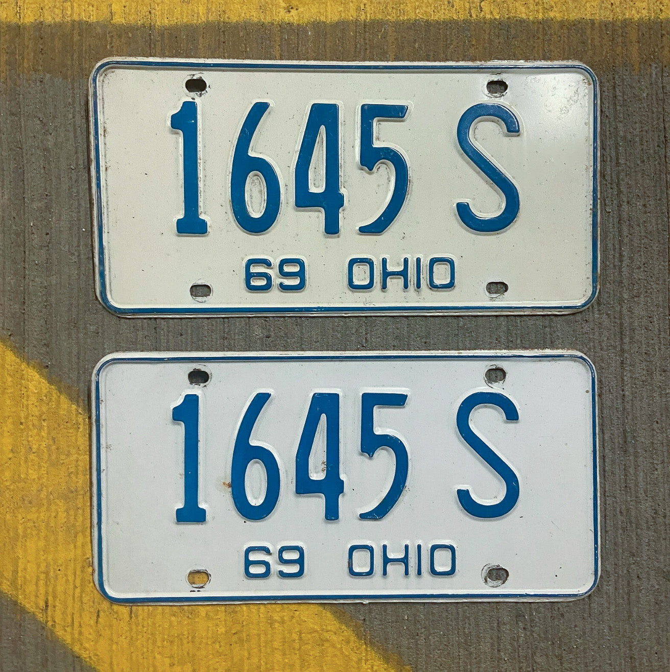 Photo of a 1969 Ohio License Plate Pair Auto Tag Garage Decor Vintage 1645 S with original patina