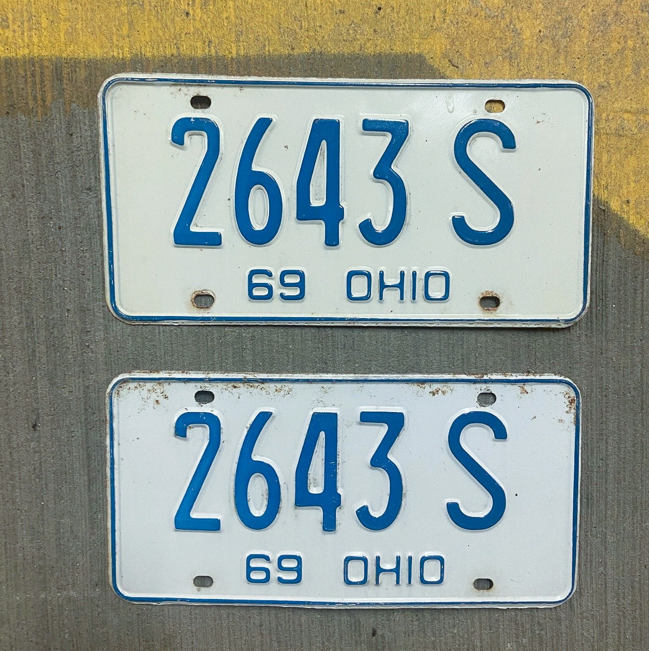 Photo of a 1969 Ohio License Plate Pair Auto Tag Garage Decor Vintage 2643 S with original patina