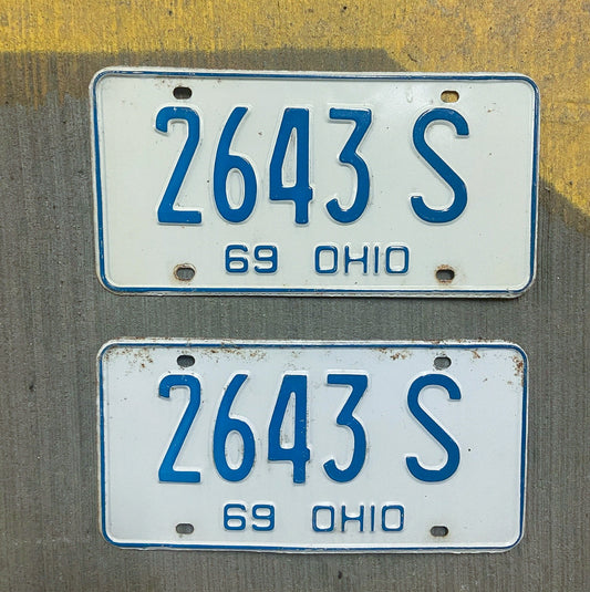 Photo of a 1969 Ohio License Plate Pair Auto Tag Garage Decor Vintage 2643 S with original patina
