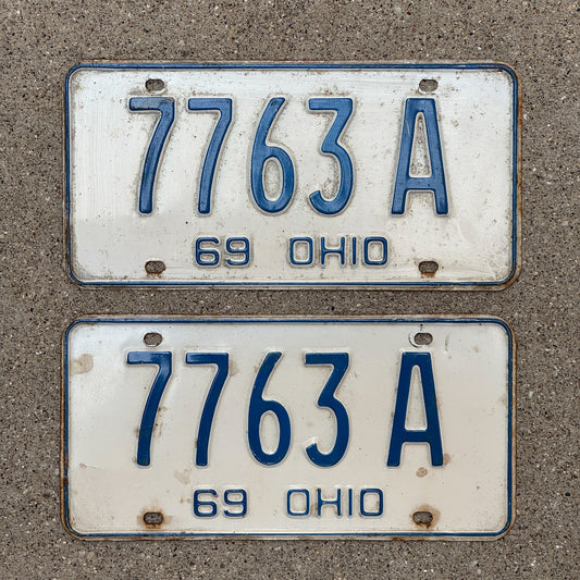 Photo of a 1969 Ohio License Plate Pair Auto Tag Garage Decor Vintage 7763 A with original patina