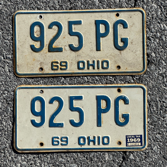 Photo of a 1969 Ohio License Plate Pair Auto Tag Garage Decor Vintage 925 PG
