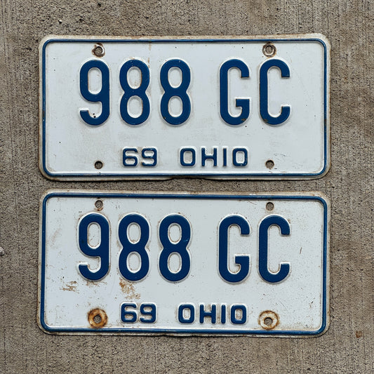 Photo of a 1969 Ohio License Plate Pair Auto Tag Garage Decor Vintage 988 GC with original patina