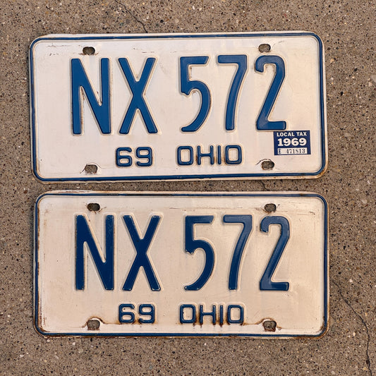 Photo of a 1969 Ohio License Plate Pair Auto Tag Garage Decor Vintage NX 572 with original patina