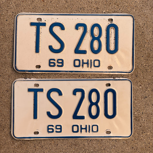 Photo of a 1969 Ohio License Plate Pair Auto Tag Garage Decor Vintage TS 280 with original patina