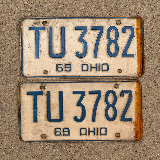 Photo of a 1969 Ohio License Plate Pair Auto Tag Garage Decor Vintage TU 3782 with original patina