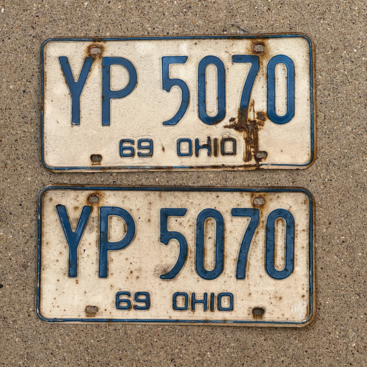 Photo of a 1969 Ohio License Plate Pair Auto Tag Garage Decor Vintage YP 5070 with original patina