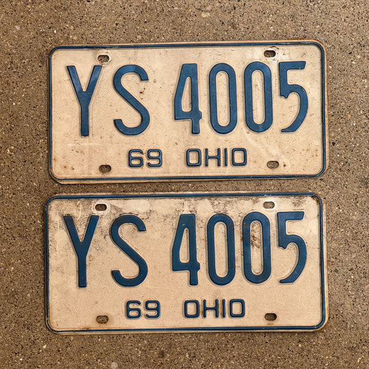 Photo of a 1969 Ohio License Plate Pair Auto Tag Garage Decor Vintage YS 4005 with original patina