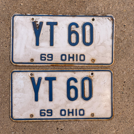 Photo of a 1969 Ohio License Plate Pair Auto Tag Garage Decor Vintage YT 60 with original patina