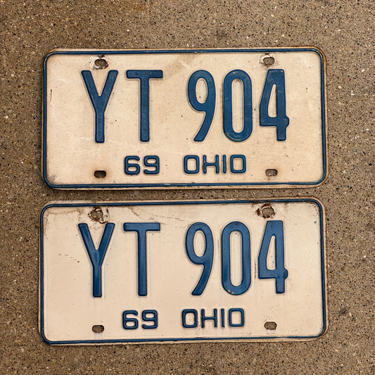 Photo of a 1969 Ohio License Plate Pair Auto Tag Garage Decor Vintage YT 904 with original patina