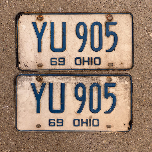 Photo of a 1969 Ohio License Plate Pair Auto Tag Garage Decor Vintage YU 905 with original patina