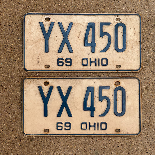 Photo of a 1969 Ohio License Plate Pair Auto Tag Garage Decor Vintage YX 450 with original patina