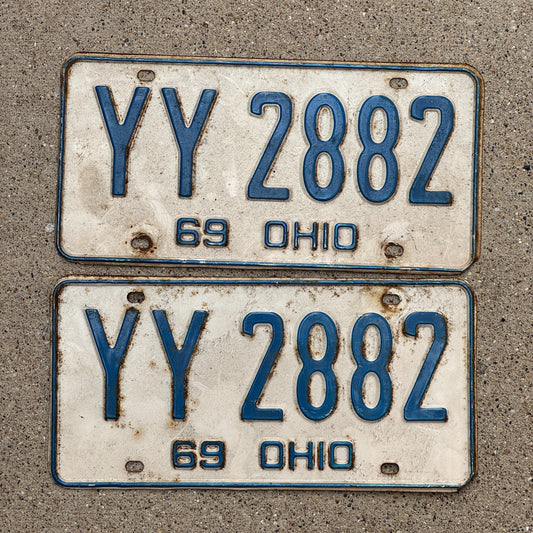 Photo of a 1969 Ohio License Plate Pair Auto Tag Garage Decor Vintage YY 2882 with original patina