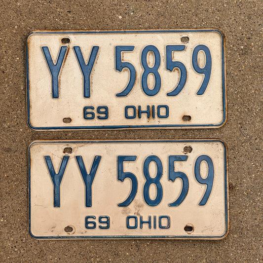 Photo of a 1969 Ohio License Plate Pair Auto Tag Garage Decor Vintage YY 5859 with original patina