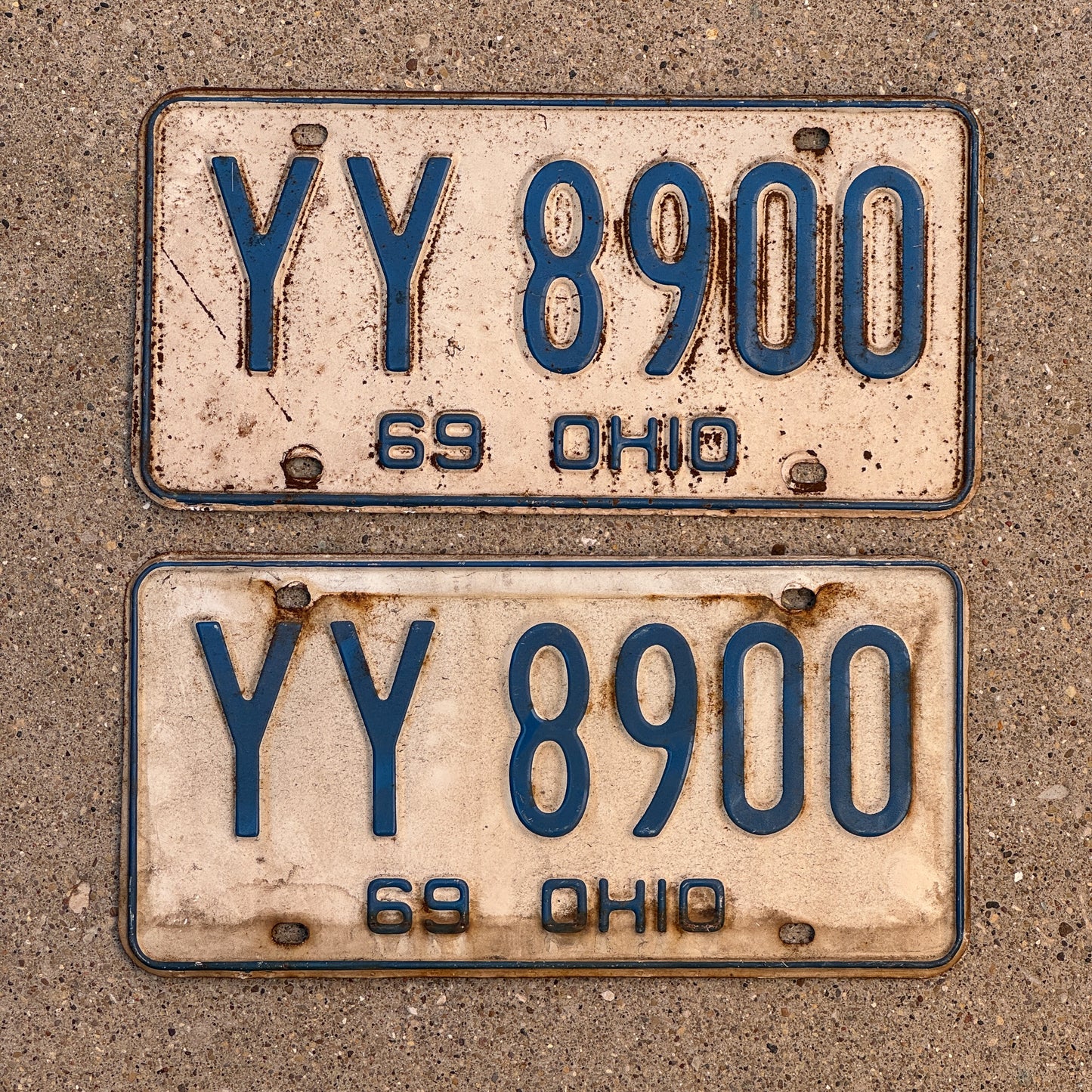 Photo of a 1969 Ohio License Plate Pair Auto Tag Garage Decor Vintage YY 8900 with original patina