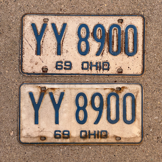 Photo of a 1969 Ohio License Plate Pair Auto Tag Garage Decor Vintage YY 8900 with original patina