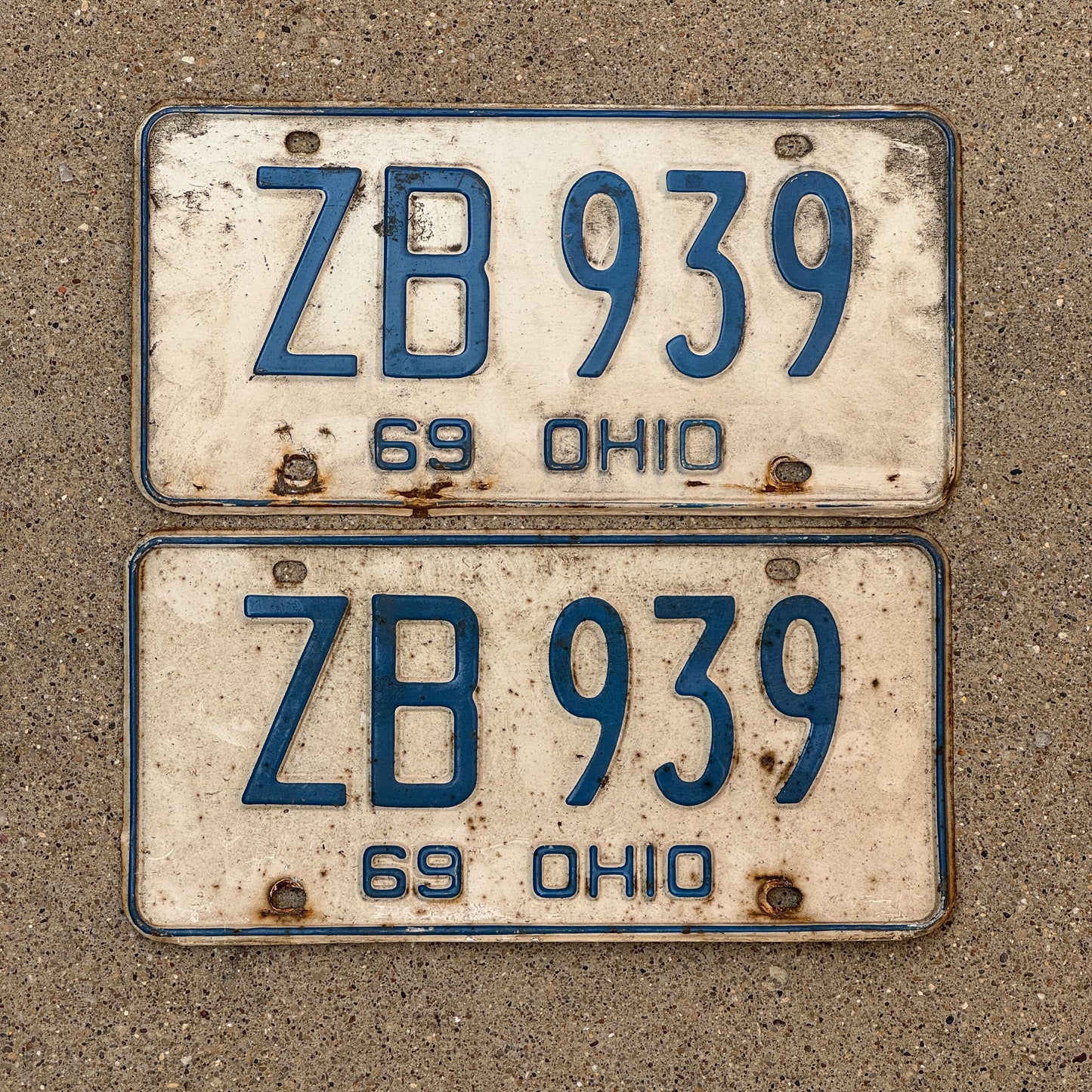 Photo of a 1969 Ohio License Plate Pair Auto Tag Garage Decor Vintage ZB 939 with original patina