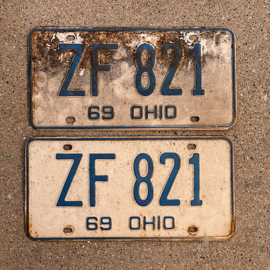 Photo of a 1969 Ohio License Plate Pair Auto Tag Garage Decor Vintage ZF 821 with original patina