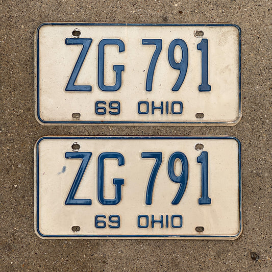 Photo of a 1969 Ohio License Plate Pair Auto Tag Garage Decor Vintage ZG 791 with original patina