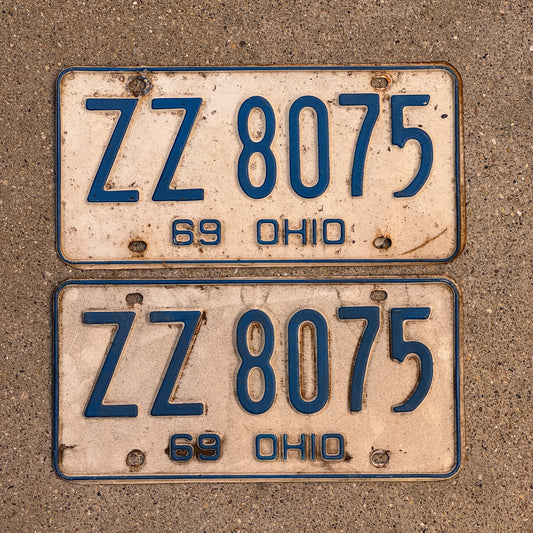 Photo of a 1969 Ohio License Plate Pair Auto Tag Garage Decor Vintage ZZ 8075 with original patina