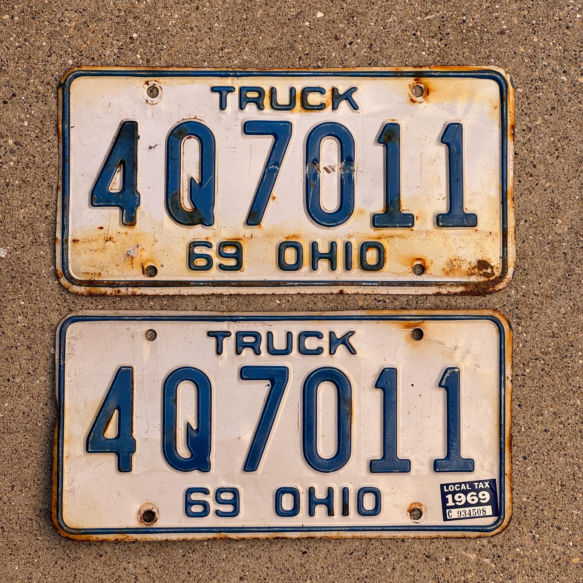 Photo of a 1969 Ohio Truck License Plate Pair Auto Tag Garage Decor Vintage 4 Q 7011 with original patina