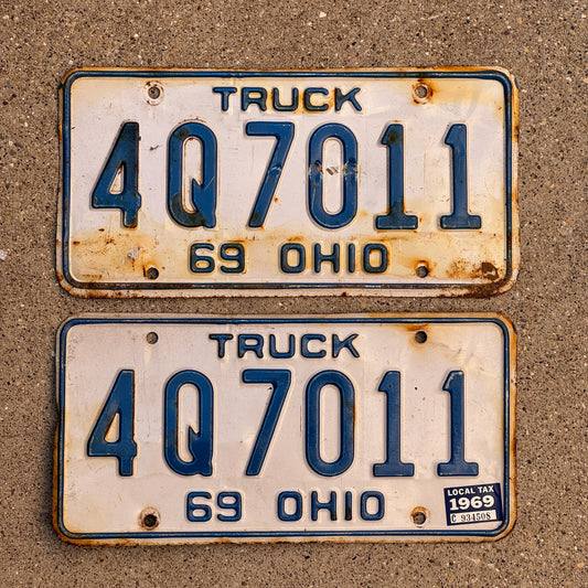 Photo of a 1969 Ohio Truck License Plate Pair Auto Tag Garage Decor Vintage 4 Q 7011 with original patina