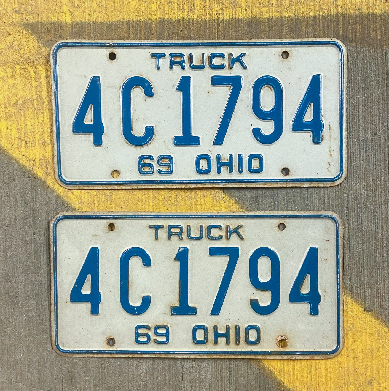 Photo of a 1969 Ohio Truck License Plate Pair Auto Tag Garage Decor Vintage 4C1794 with original patina