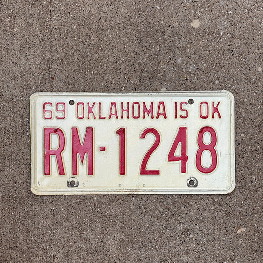 Photo of a 1969 Oklahoma License Plate Auto Tag Garage Decor Vintage RM 1248